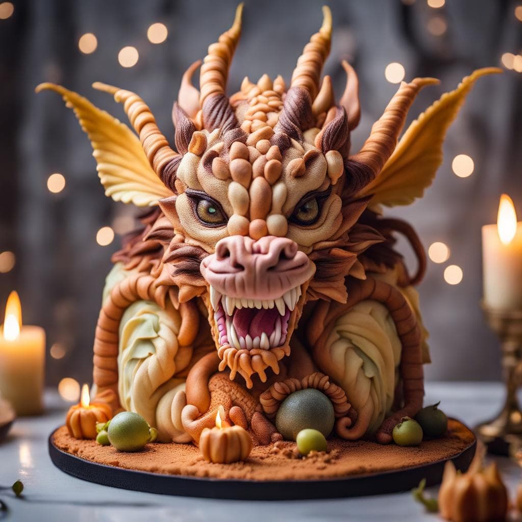 AI generated: Illuminate the intricate details of a chimera cake as if it were a living creature, chimera is made ...
