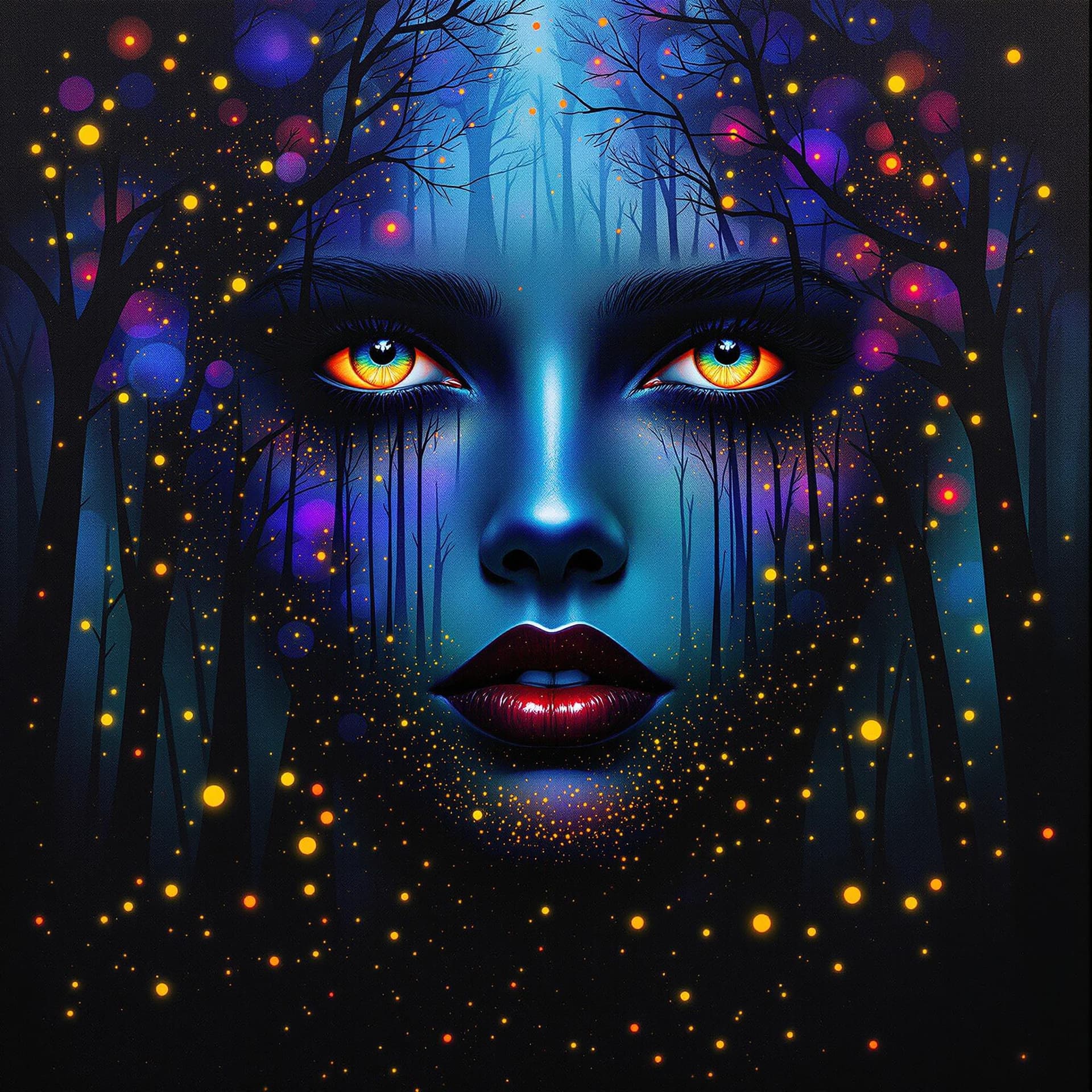 AI generated: A captivating abstract portrait of a woman's face that artfully blends her features with a nighttime...