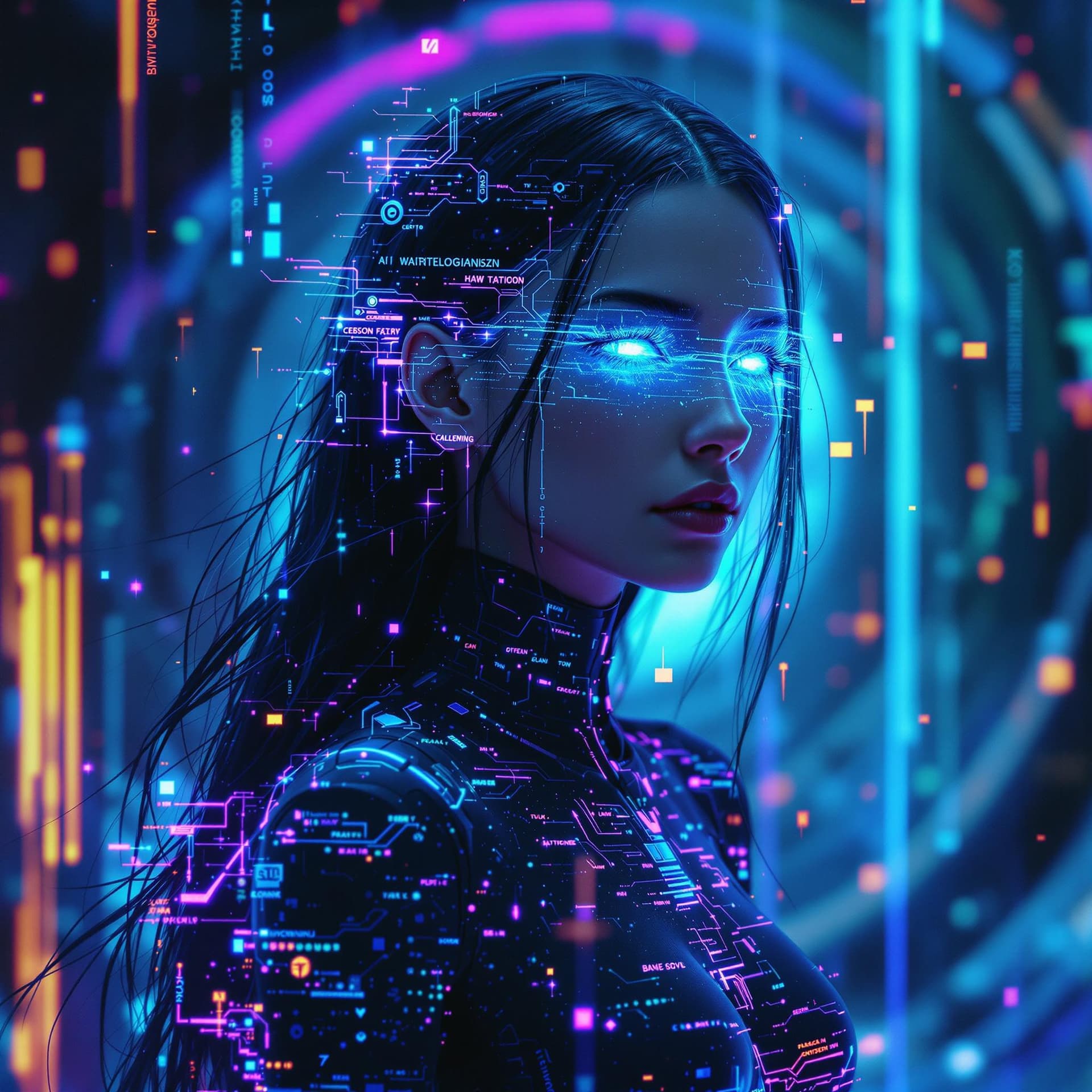 AI generated: (Cyberpunk, futuristic, ethereal digital ghost, high detail, cinematic lighting, waist-up portrait, ...