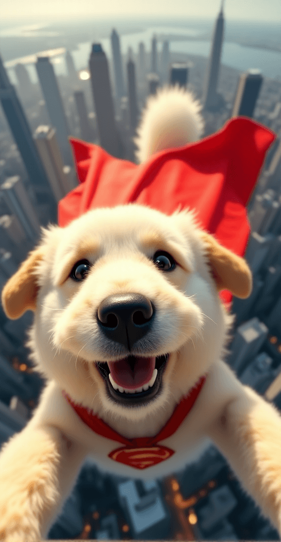AI generated: hyperrealistic art A close-up top-view selfie of a DOG transformed into Krypto the Superdog: flying ...