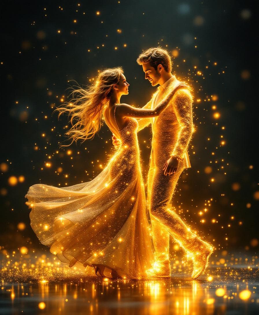 AI generated: A magical and enchanting scene depicting a couple glowing with golden light, appearing to dance grac...