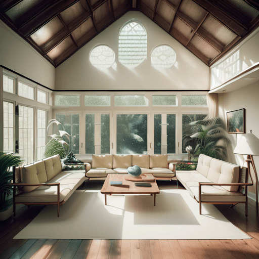 AI generated: high resolution photography interior design, dreamy sunken living room conversation pit, wooden floo...