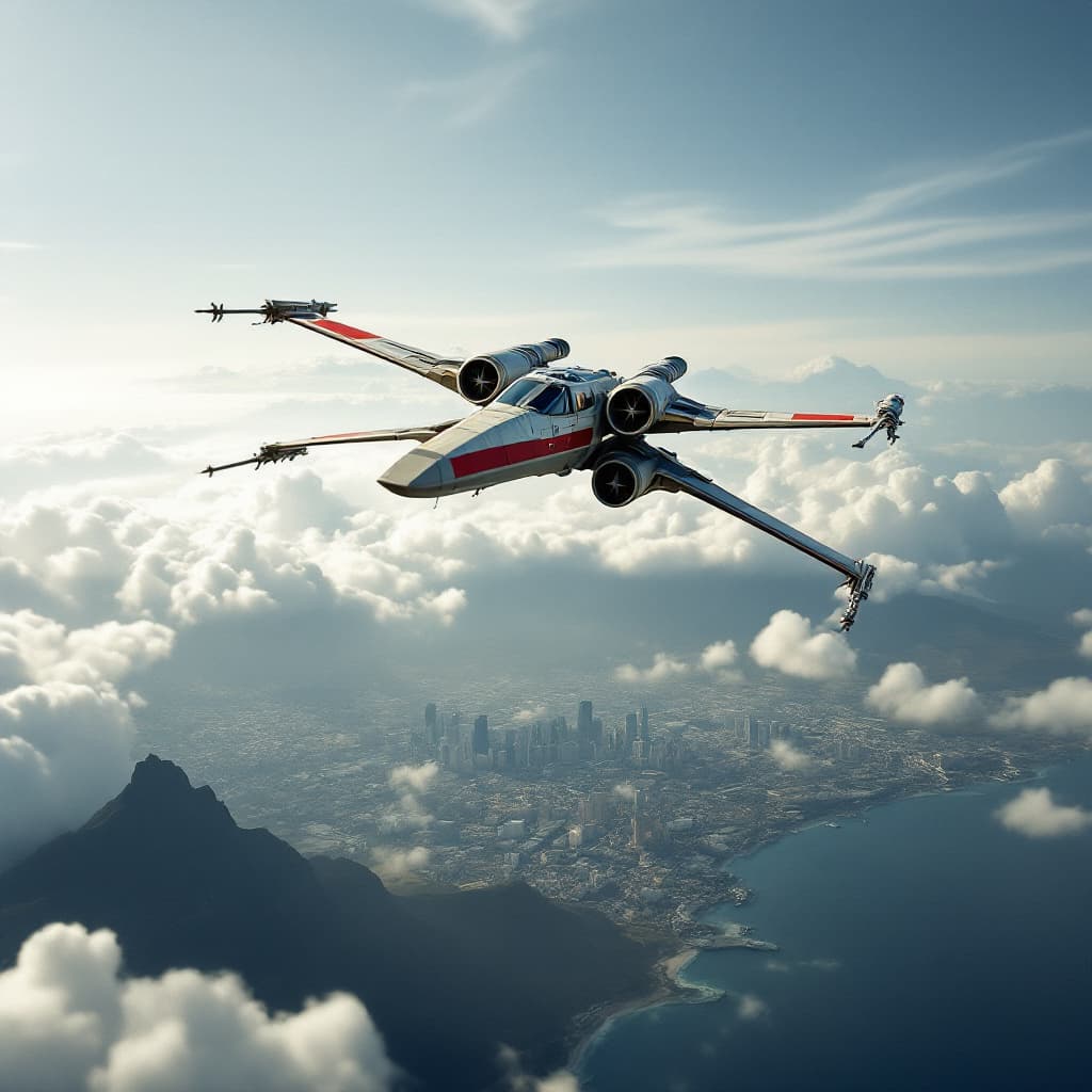 AI generated: Create star wars X wing fighter flying over Cape Town city in south africa with current picture of c...