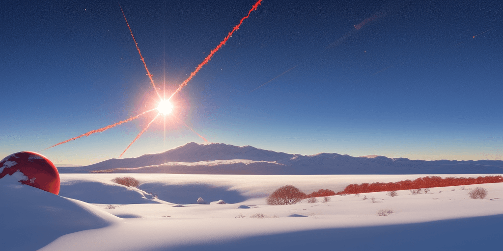 AI generated: snowscape, high energy red energy orb meteorites in distant beautiful sunny blue sky, tranquil snowy...
