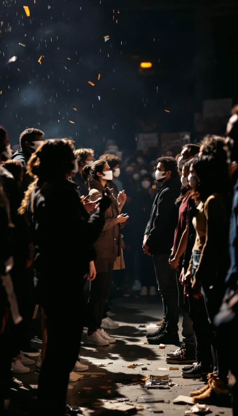 AI generated: A diverse group of people standing in silence with tape over their mouths, one person removing the t...