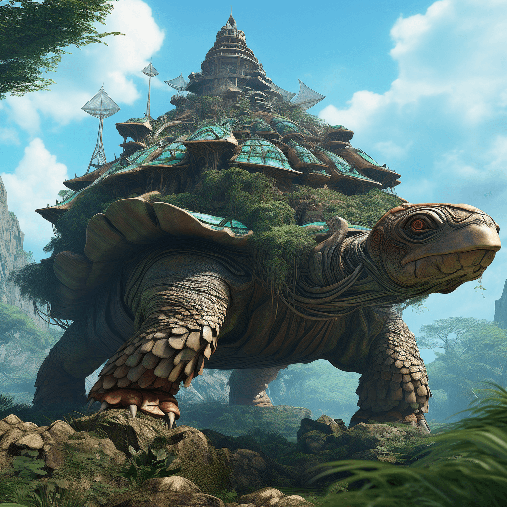 AI generated: ancient giant creature shaped like tortoise has an extraterrestrial kingdom on top of it, in the sty...
