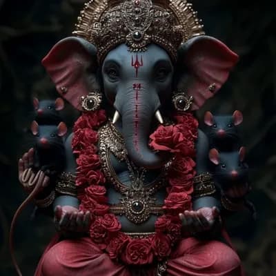 AI generated video: High-definition National Geography photography. pure red Lord Ganesha (elephant headed god). surroun...