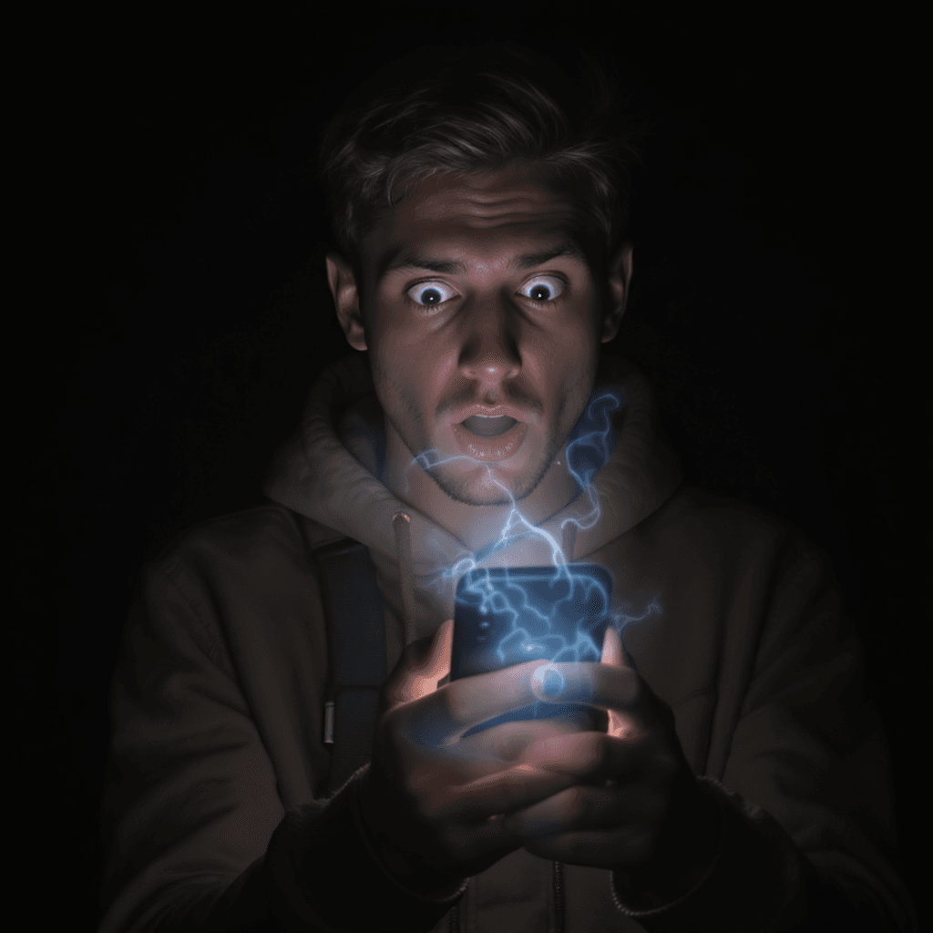 AI generated: "A young man holding a smartphone with glowing light coming from it, looking amazed, symbolizing opp...