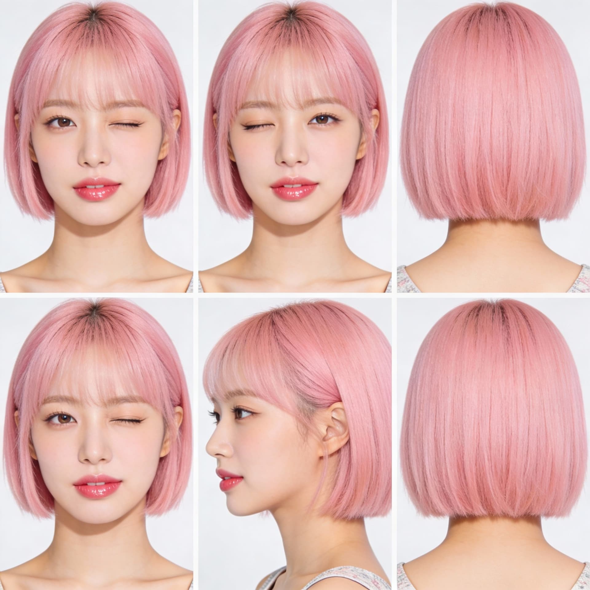 AI generated: Multi View, korean girl, 18~22yo,  instagram style portrate, cute pink short bob hair, sweety Face, ...