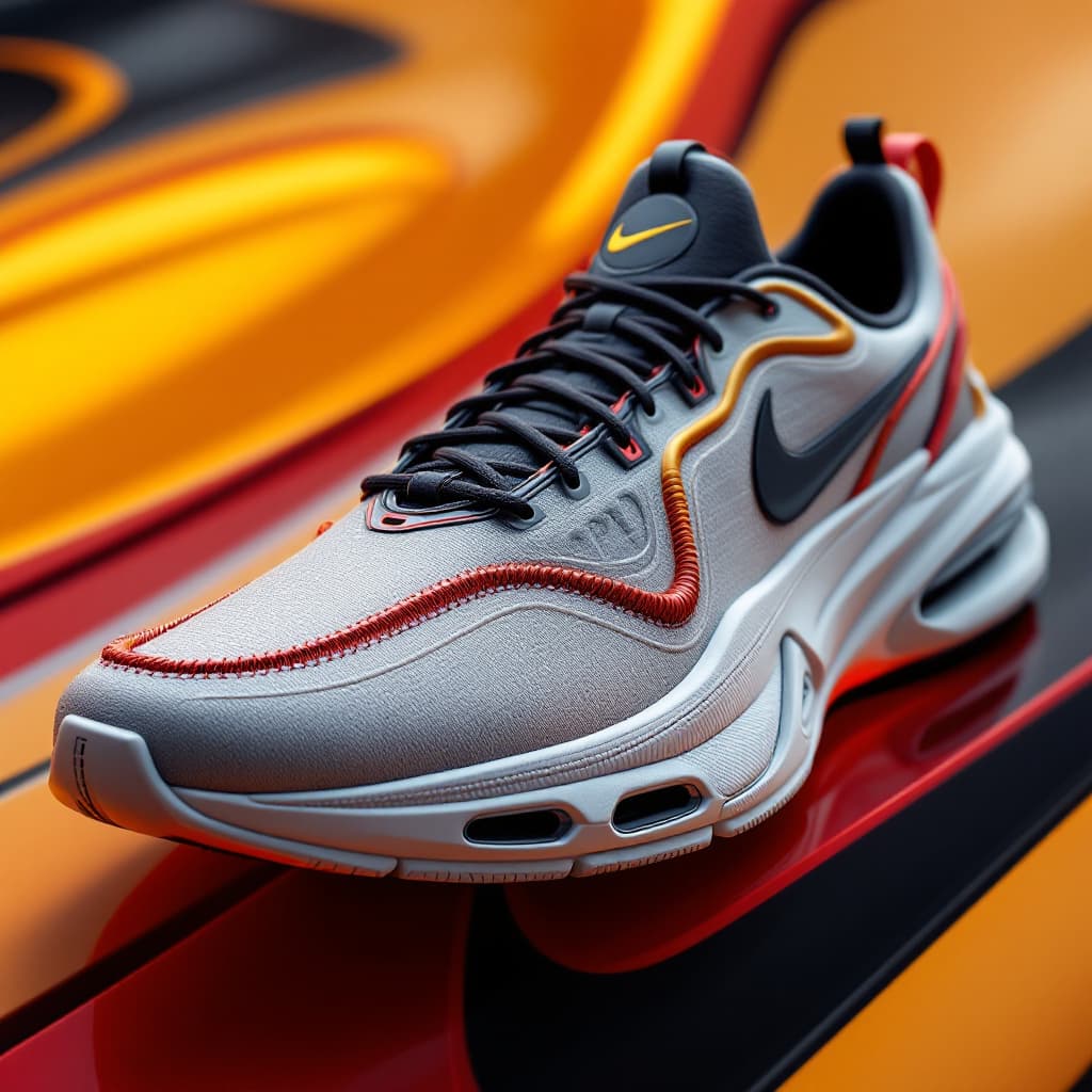 AI generated: Exceptionally detailed Nike sneaker design inspired by OPEL, crafted with meticulous precision. Rend...