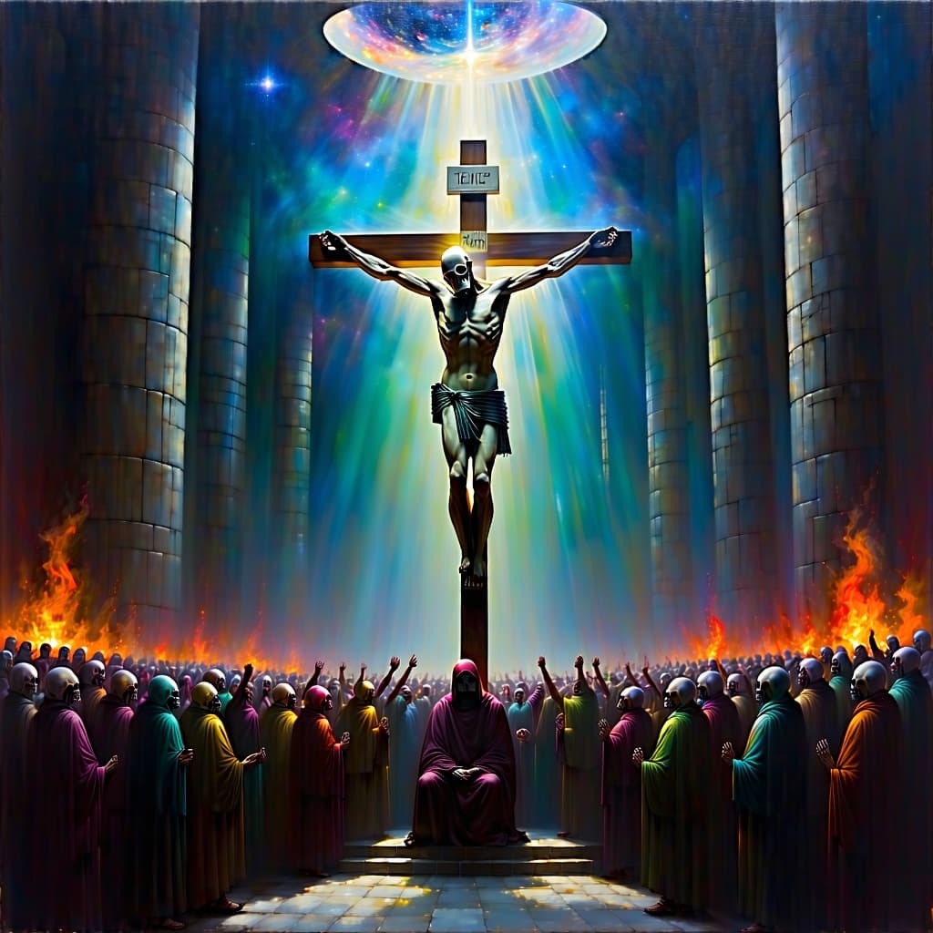 AI generated: Out-of-this-world impressionist oil painting of an awe inspiring cyber bald Christ with gas mask han...