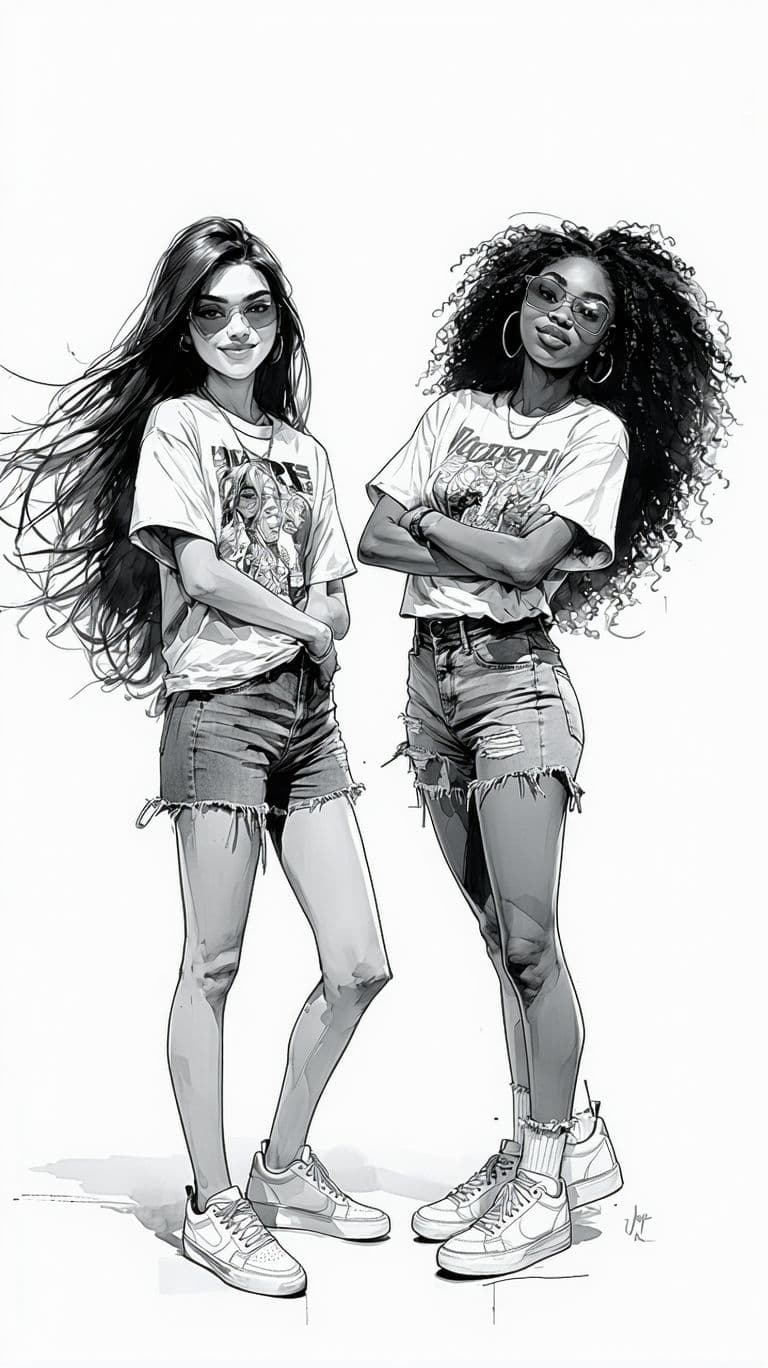 AI generated: Black and white ink sketch of two young women, one of East Asian descent and the other of African de...
