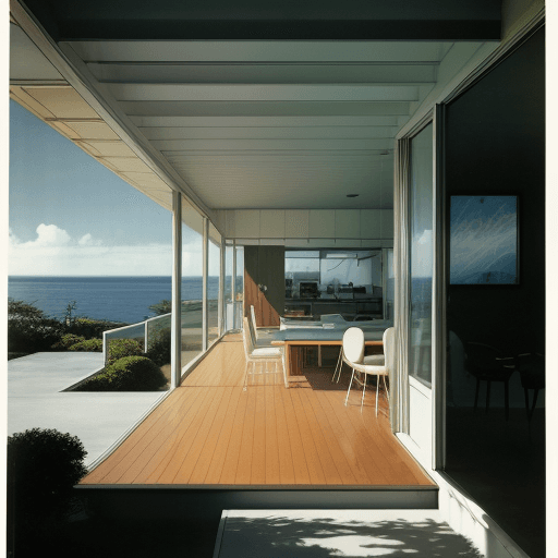 AI generated: Hyper realistic eye level exterior photo of a mid century modern style house overlooking the ocean, ...