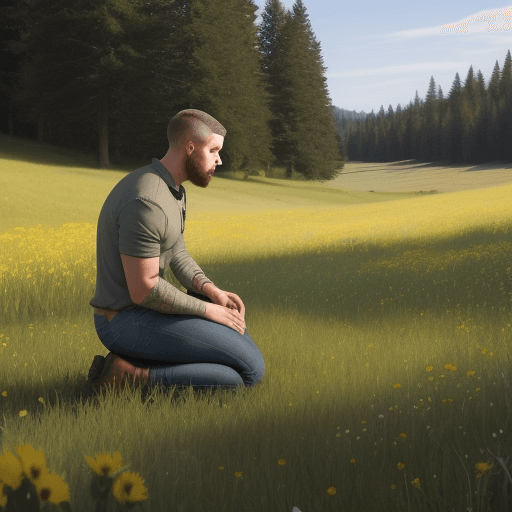 AI generated: Generate me a man kneeling in a meadow confessing his fears and goals
