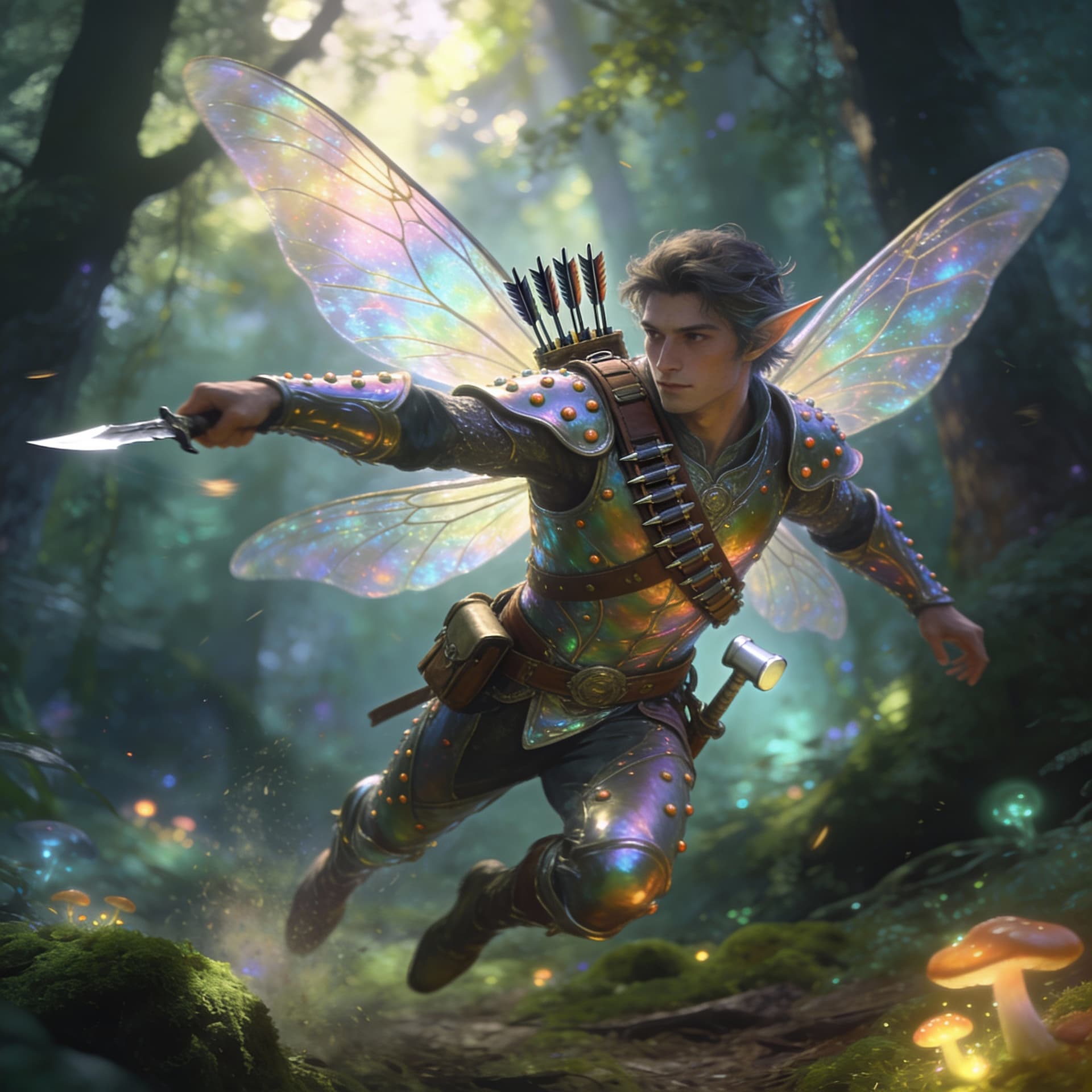 AI generated: Male fairy wearing iridescent studded leather armor, flying with dragonfly wings in a magical forest...