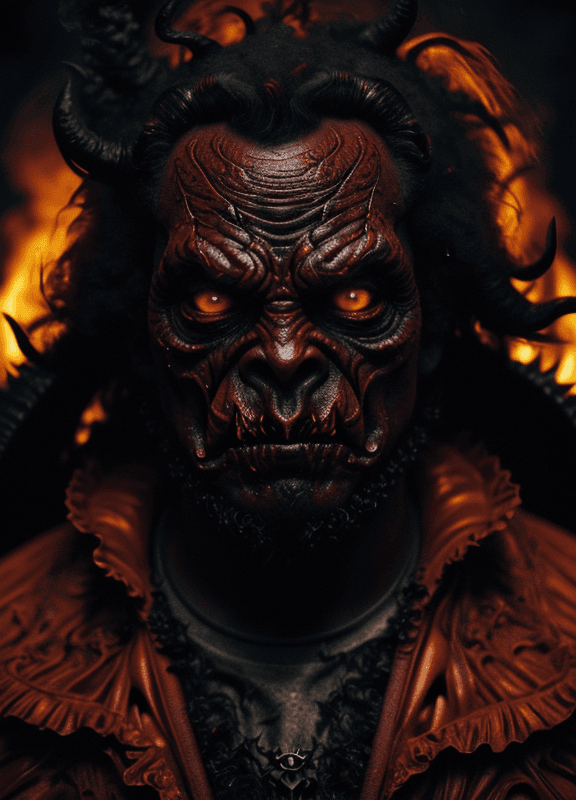 AI generated: shoulder and head portrait, Horror-themed cinematic film still,a horrifying red-skinned male demon k...