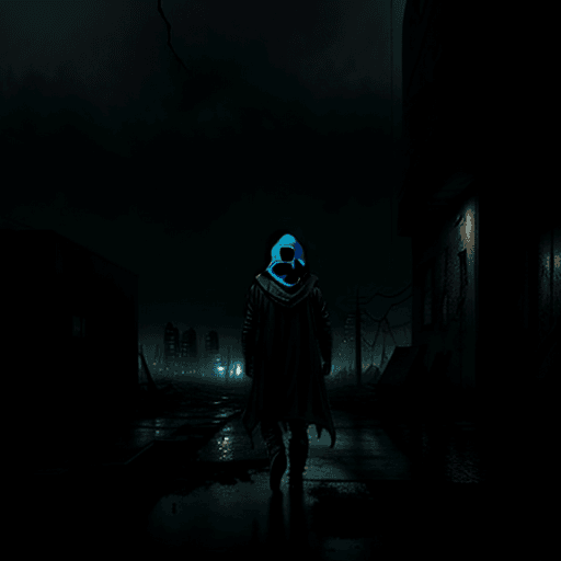 AI generated: Realistic image of post-apocalyptic city. Hooded person from the back. Rain, night, no electricity l...