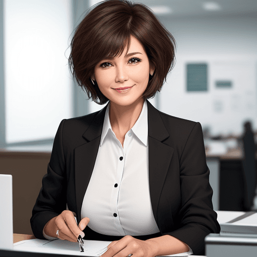 AI generated: Short brown short cut hair charismatic but soft smiling woman in her 50s. Seen busy and enthusiastic...