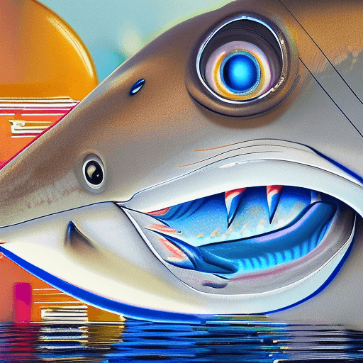 AI generated: The shark is in the depths, there is a lot of graffiti on its side, and a wide angle, intricate artw...