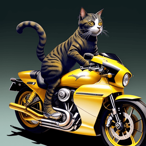 AI generated:  A cool funny cat  riding a yellow futuristic motorcycle with a Harley-Davidson engine with a golden...