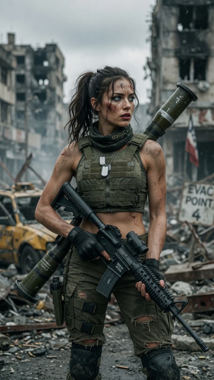 AI generated: A highly detailed cinematic portrait of a beautiful young female soldier with striking blue eyes, hi...