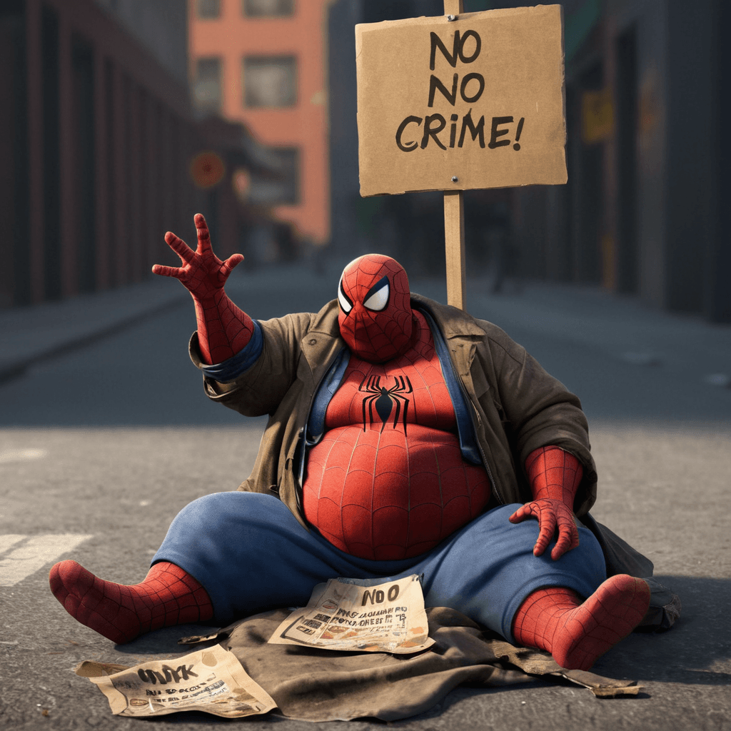 AI generated: Fat homeless spiderman sitting and begging in the street,