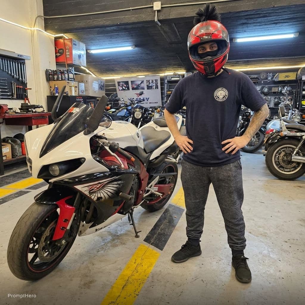 AI generated: Adding me standing beside my bike, real photo natural size, same position for man