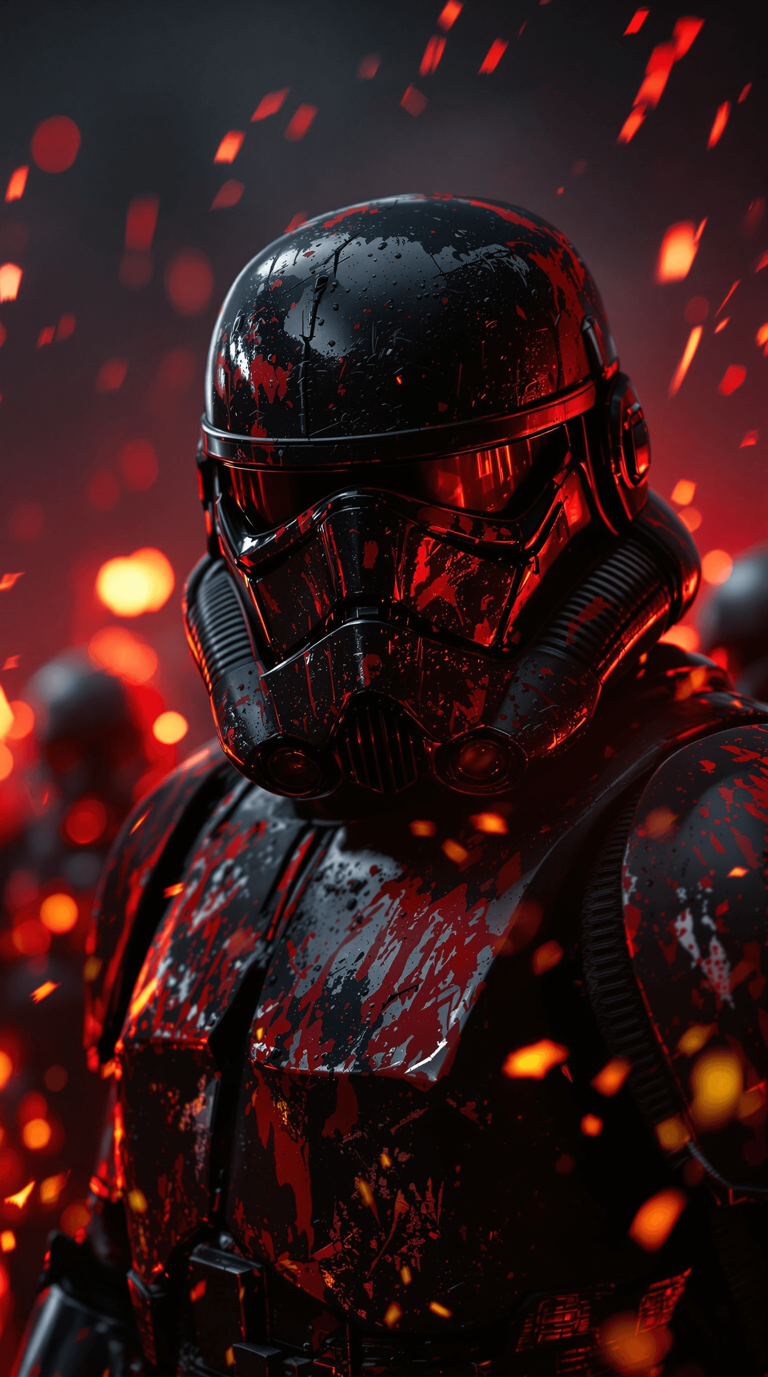 AI generated: A battle-hardened Stormtrooper in a dark, war-torn battlefield, wearing a black, weathered helmet an...