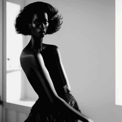 AI generated: fashion editorial photo of black short hair supermodel model in black blaze standing in the house. I...