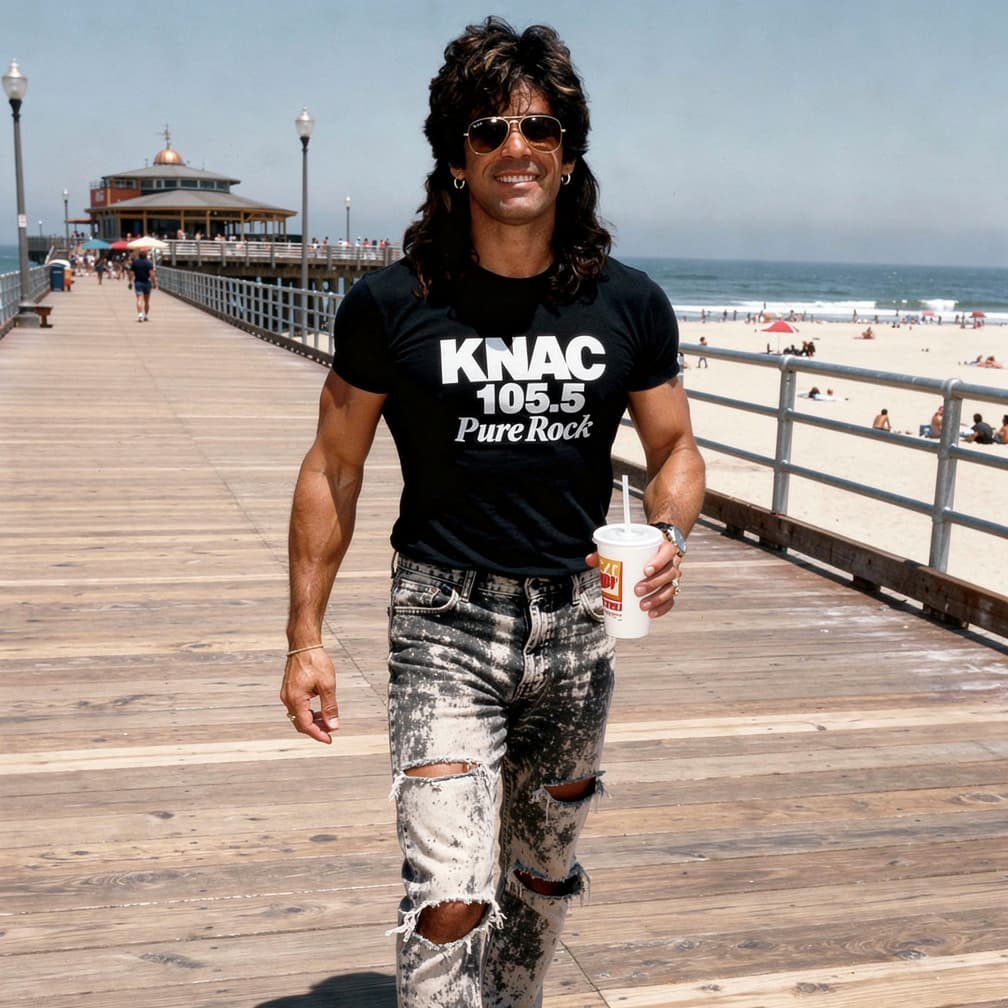 AI generated: full body shot of an 80's Rock musician at leisure at the beach on a hot, summer day at the pier in ...