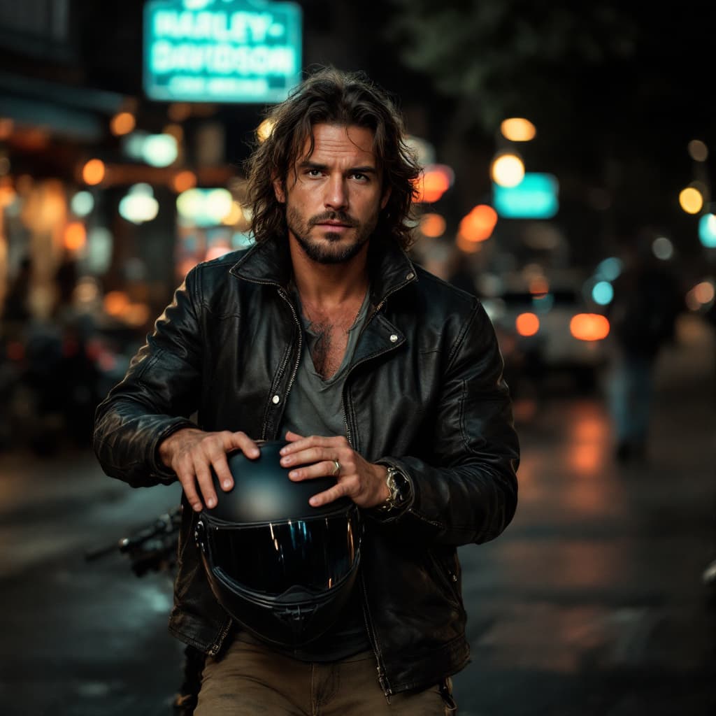 AI generated: photo of a middle-aged colombian long hair, 27 years old man, full body, wearing worn-out:1.2 leathe...