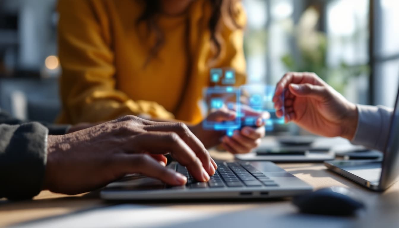 AI generated: `/imagine prompt: Tech startup team presenting new app, focus on hands:

African American developer'...