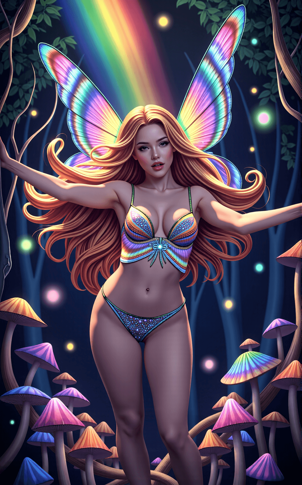 AI generated: Polychrome radiates as a dazzling psychedelic fairy with rainbow wings, her long rainbow hair flowin...