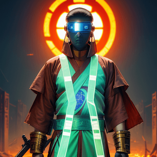 AI generated: sci-fi cyborg parts, medium close full body photo, Chinese monk man, torn monk clothes, ((sci-fi vis...