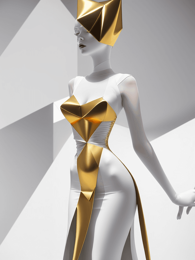 AI generated: avant-garde fashion masterpiece. A weightless dress that defies gravity, with sharp geometric lines....