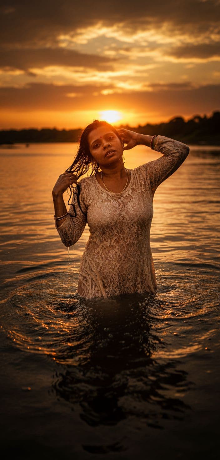 AI generated: The uploaded woman stands by a river. The setting sun, a fiery sunset, golden clouds, and golden rip...