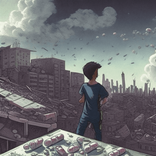 AI generated: someone takes pills on a roof and in the background is a destroyed world, 