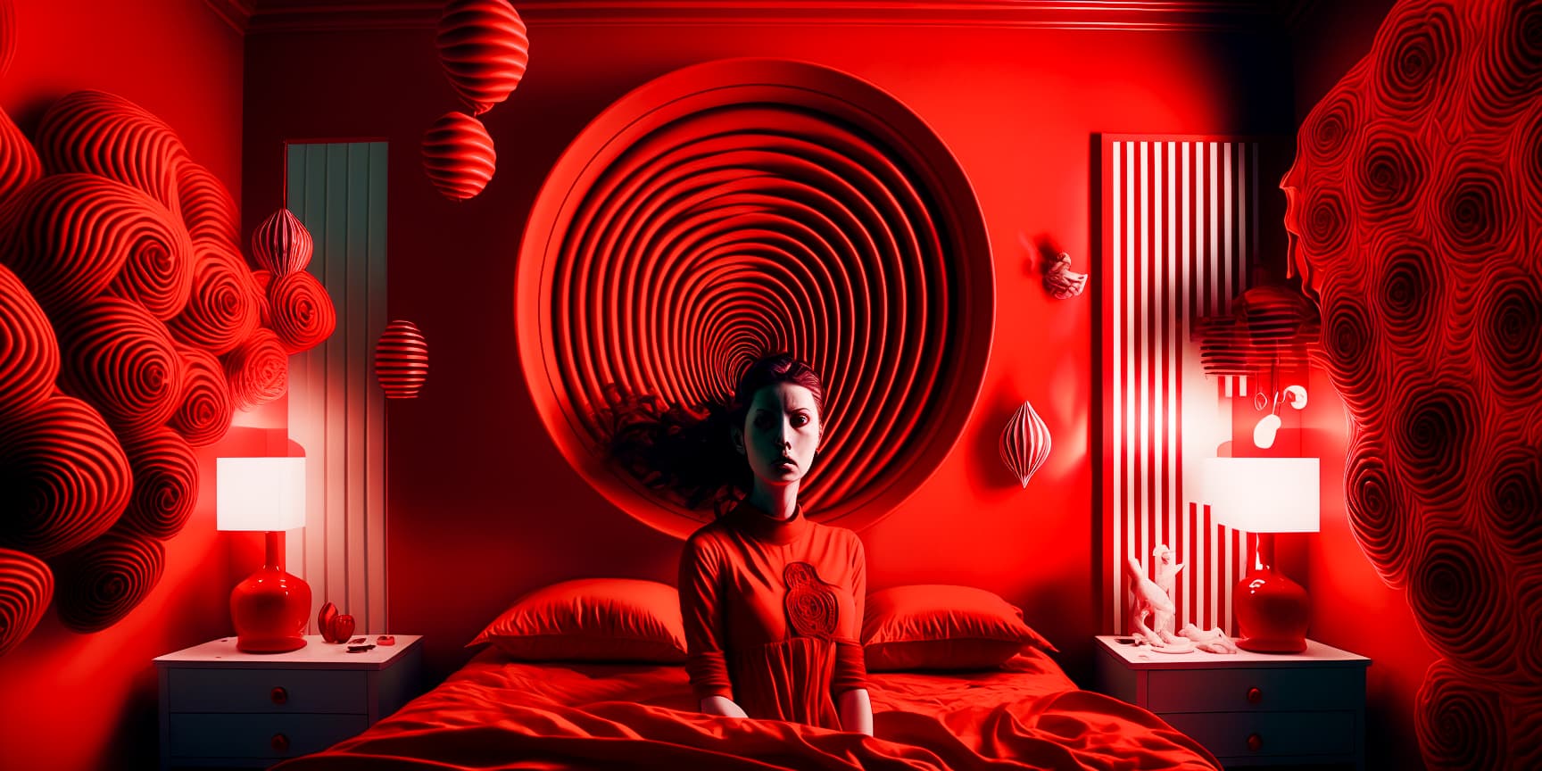 AI generated: woman on bed, bed in cage, cage in red room, whip on wall :: red::1 --ar 2:1 --v 4