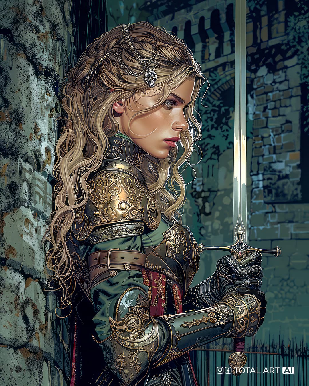 AI generated: Graphic novel, full body shot of side view of young beautiful European woman with long blonde hair, ...