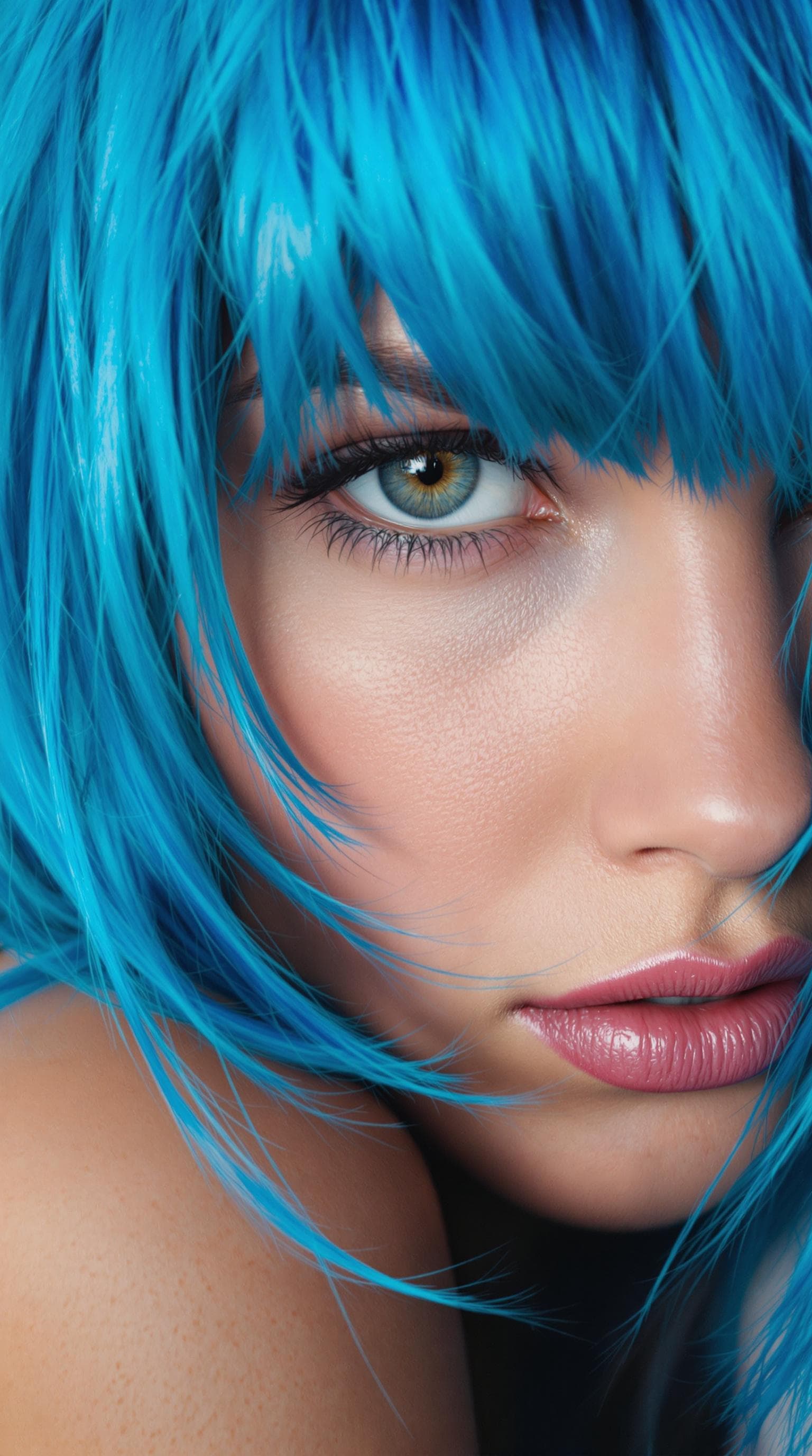 AI generated: A close-up portrait of a woman with vibrant blue hair