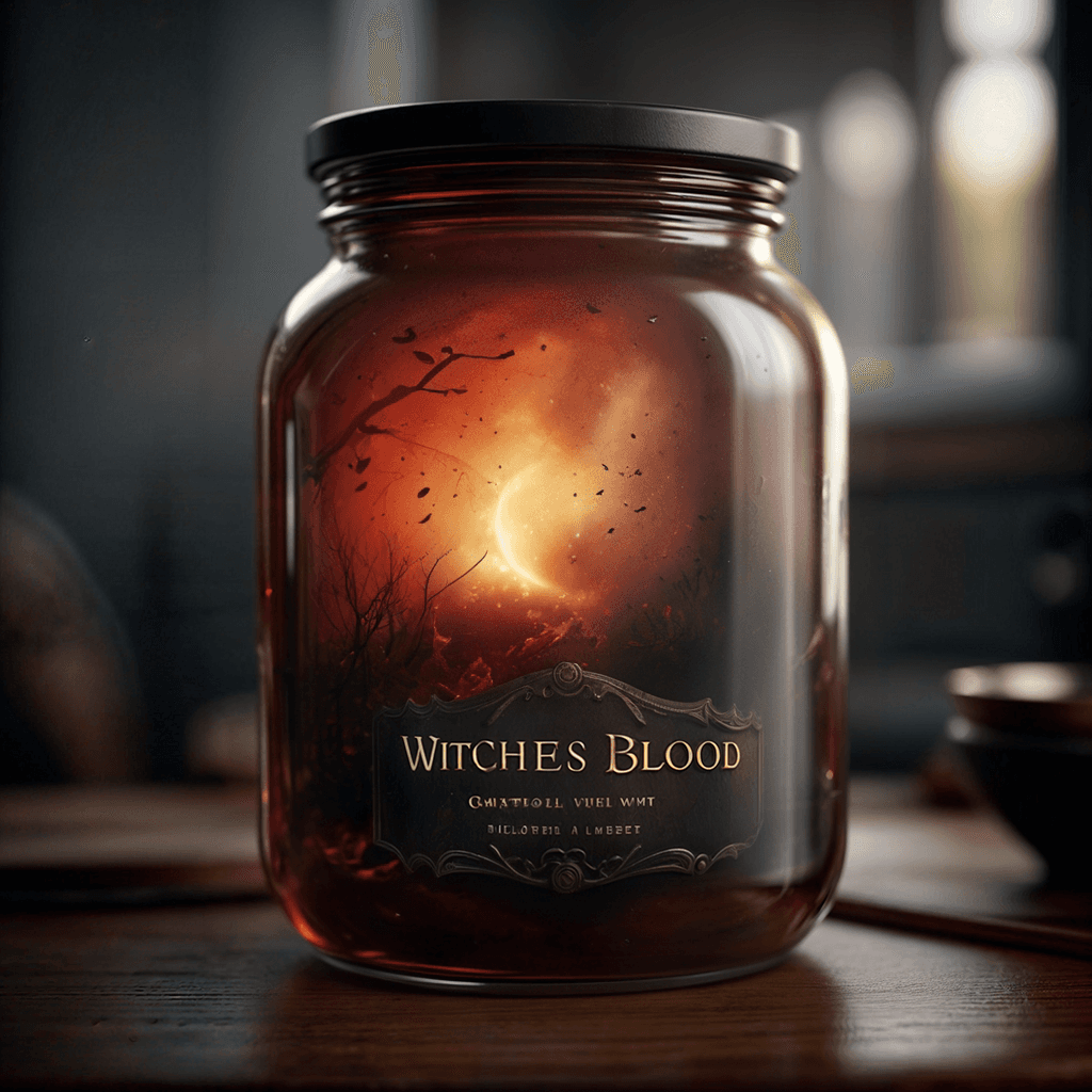 AI generated: photorealistic image shows a jar of blood-like substance on a table, with the label reading \"Witche...