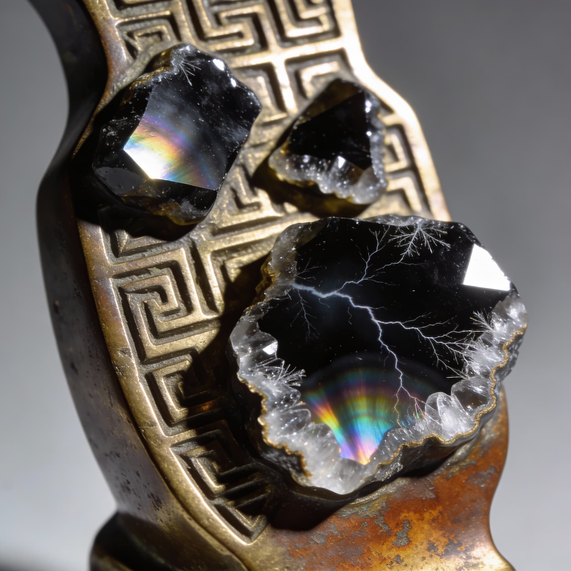 AI generated: Bronze and jet-black agate featuring metallic textures and crystalized borders