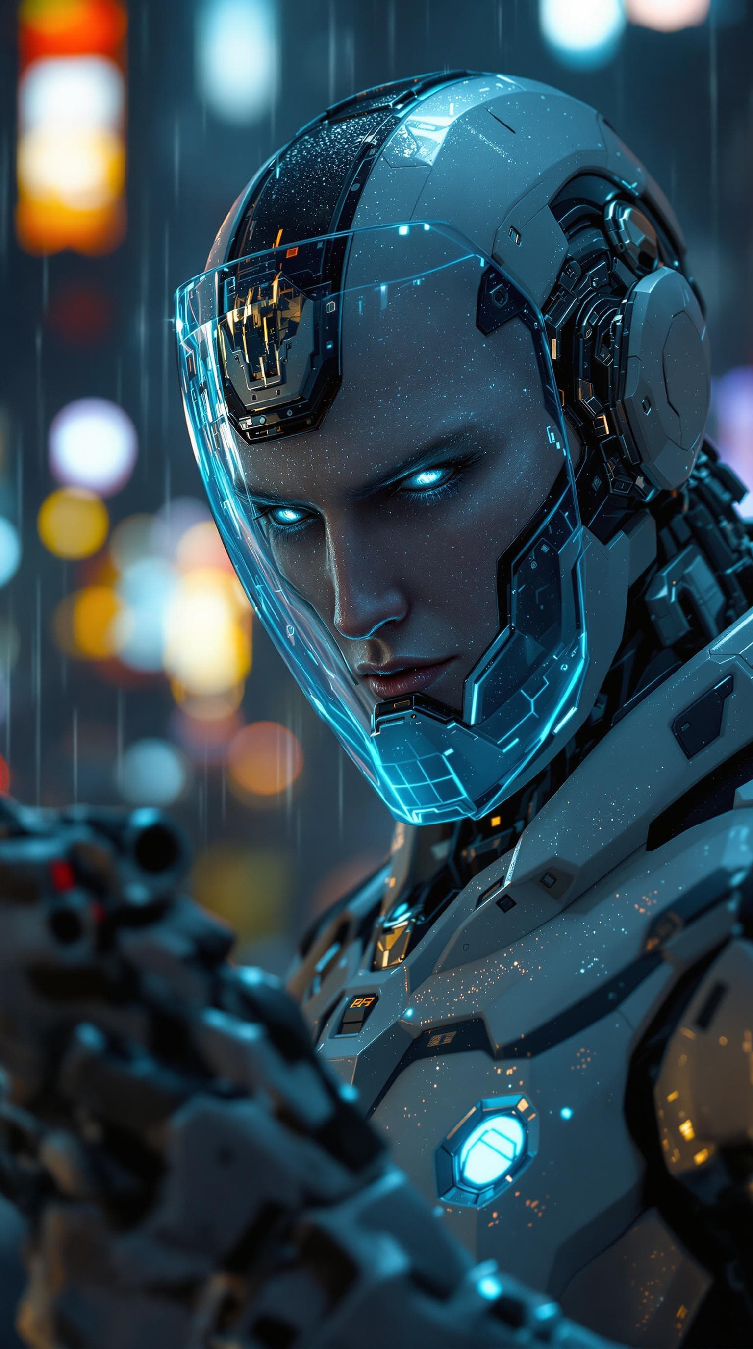 AI generated: Futuristic cyborg ( half human ) with face showing, have a translucent glass shield covering his fac...