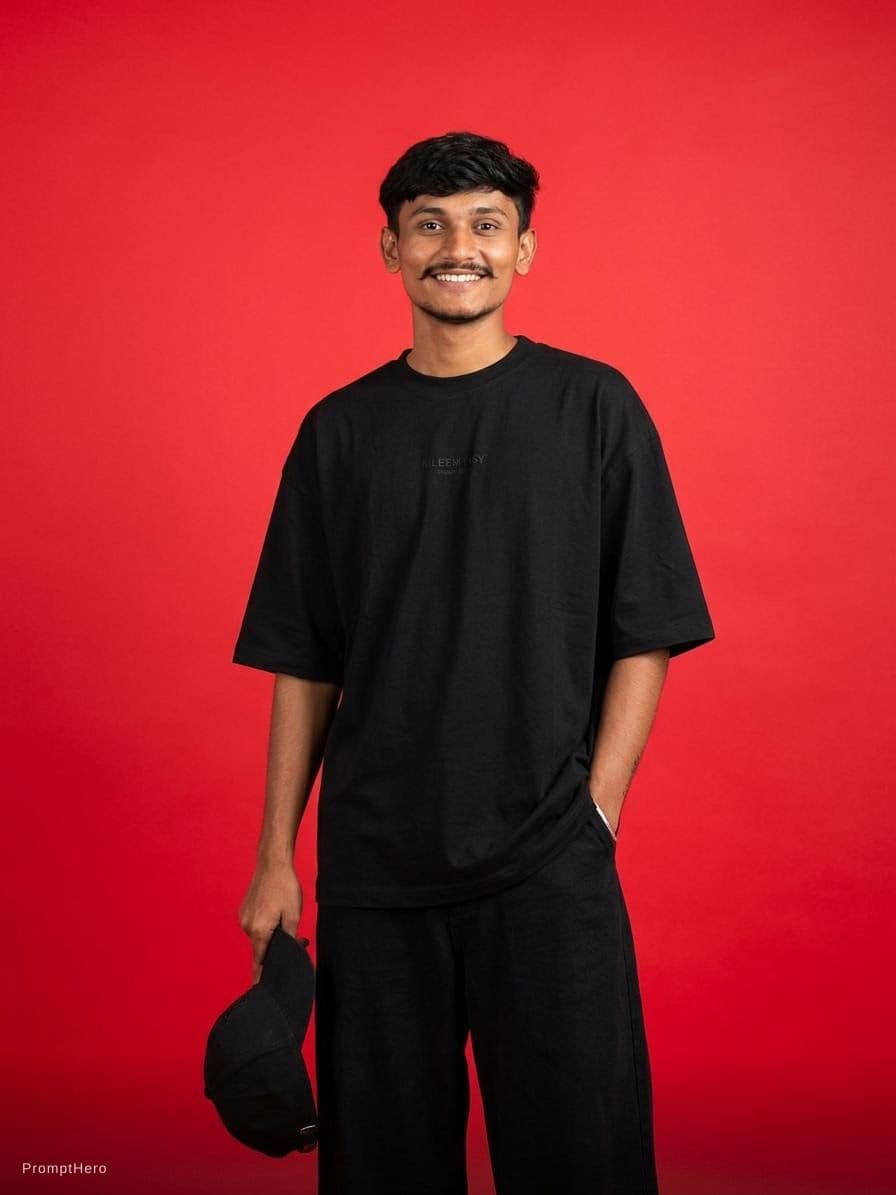 AI generated: capturing a casual yet stylish vibe, a figure in a loose, oversized black street wearing and wide-le...