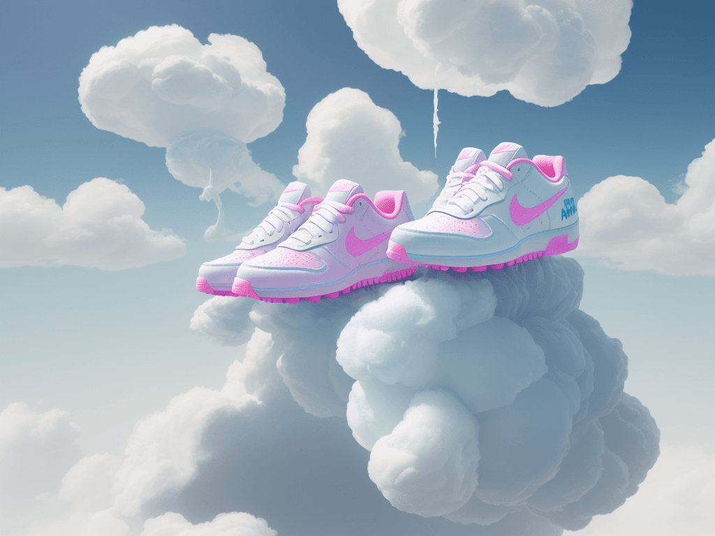 AI generated: pair of shoes that are made of cotton candy| 3D render| standing on a cloud| nike logo| clean compos...