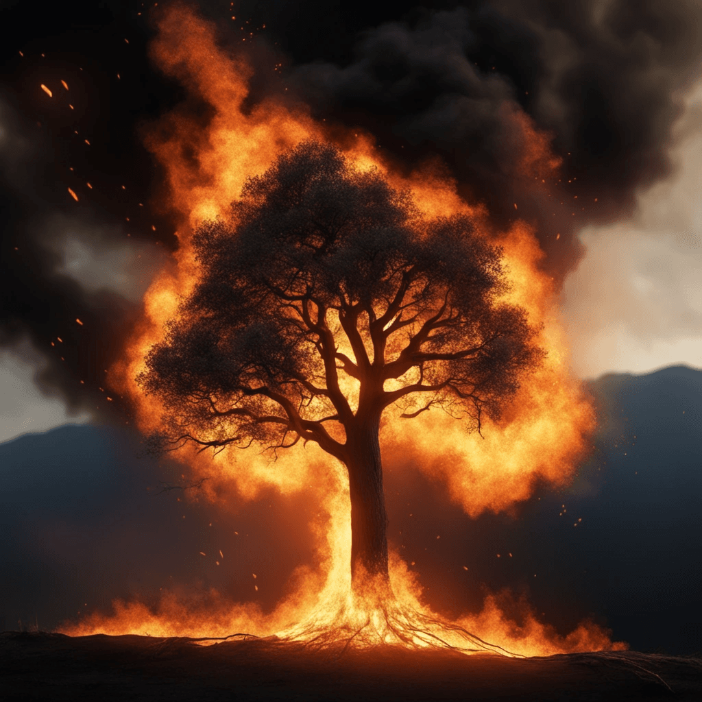 AI generated: tree on fire, high detail, cinematic lighting, realistic, 4k, high definition, crisp, black smoke, s...