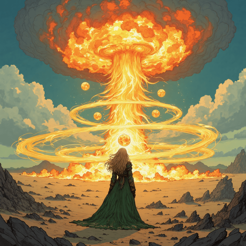 AI generated: : A lone druidic woman or sorcerer, viewed from behind, stands in an otherworldly landscape, her fig...