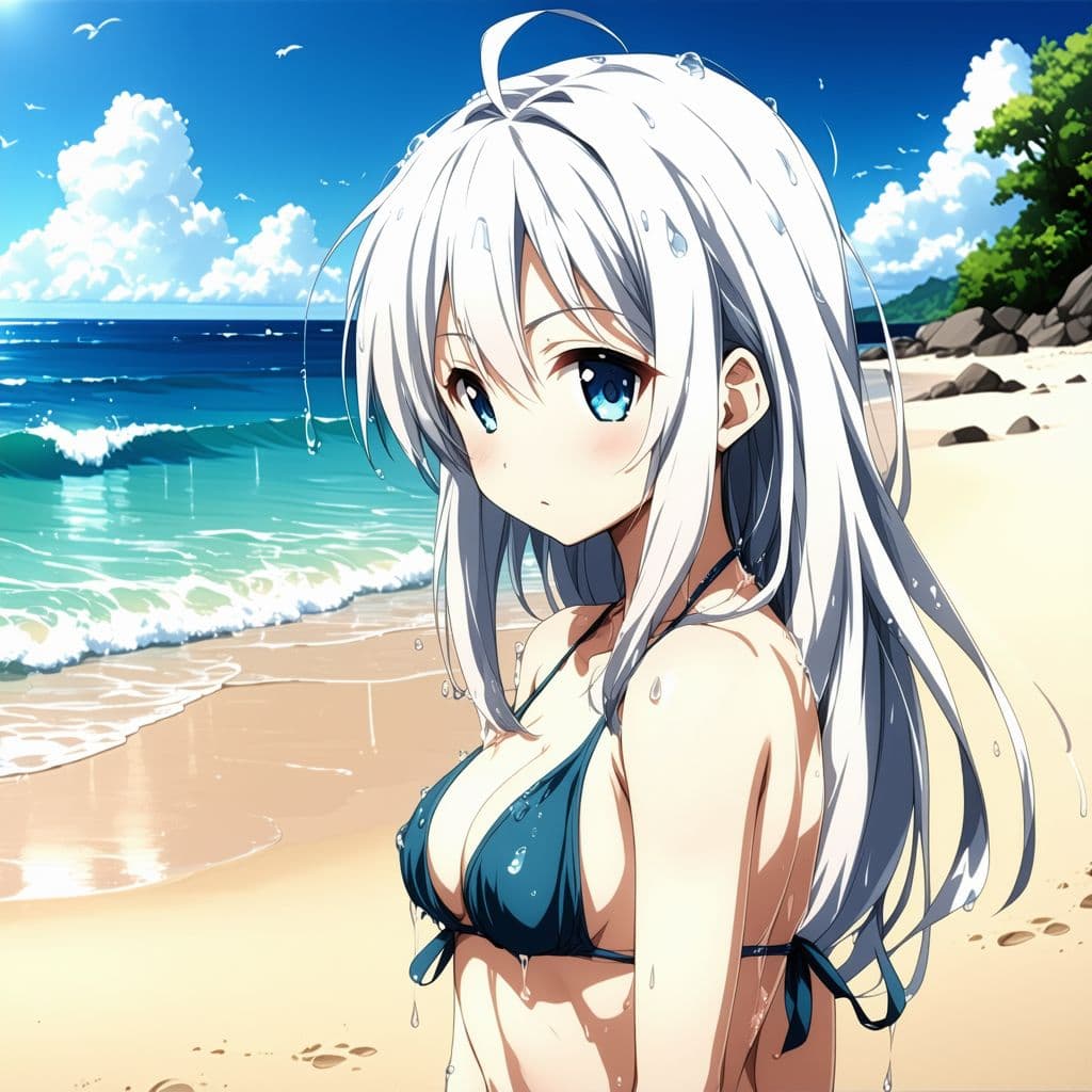 AI generated: Anime girl, in a beach, wearing a bikini, wet, white hair