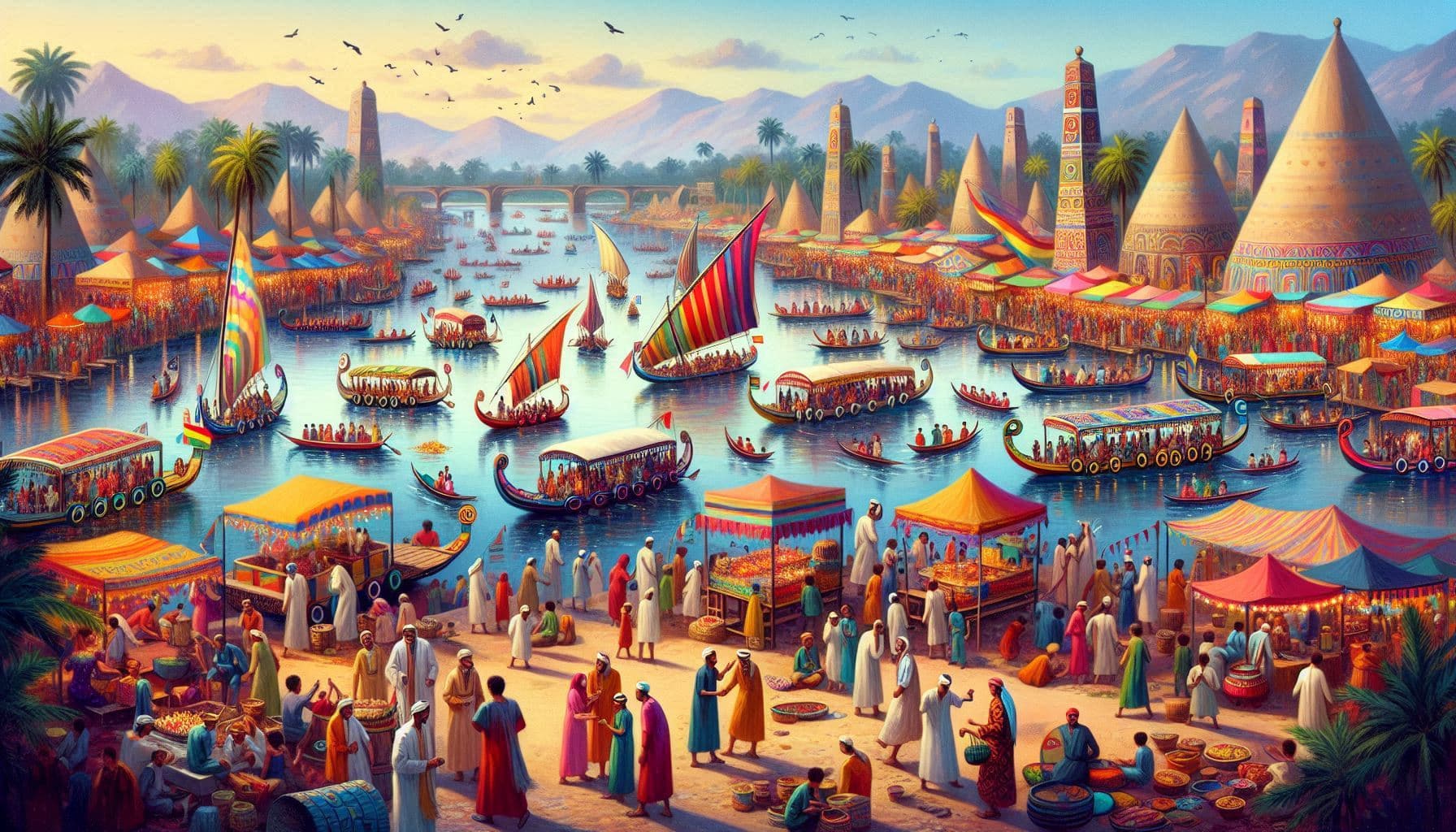 AI generated: Picture a lively festival along the banks of the Nile. Colorful boats sail by, their sails adorned w...