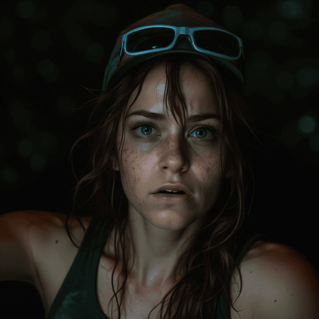 AI generated: dark ominous forest at night BREAK close-up, a selfie photograph of a woman, lost while hiking, (nig...